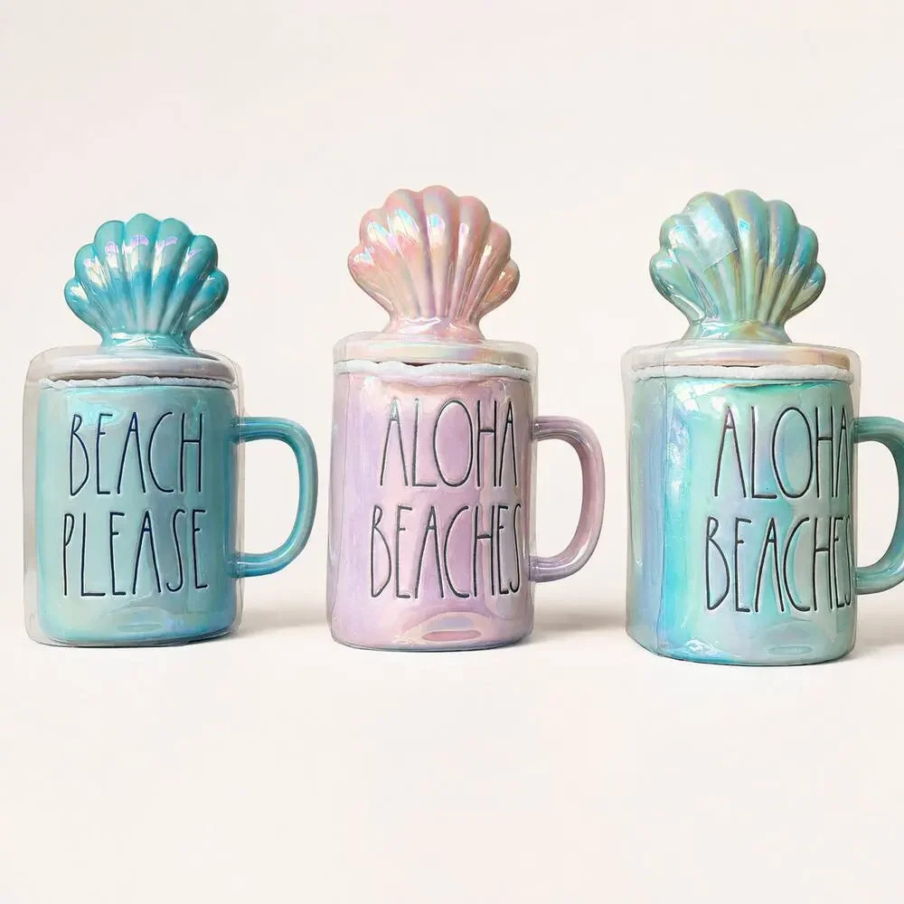 Rae Dunn Iridescent aqua / teal 'Aloha Beaches' XL Mug w/ Shell Lid